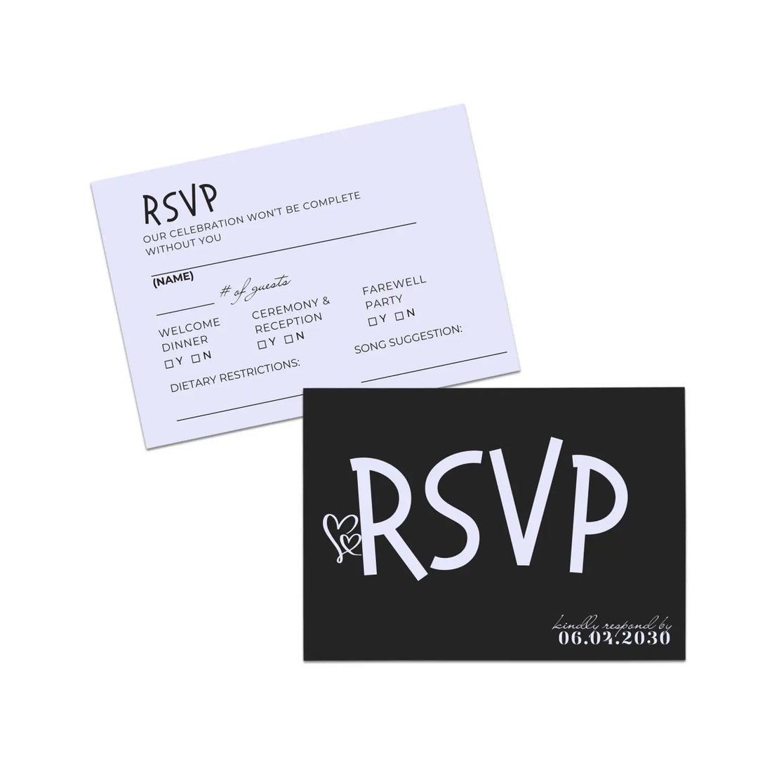 Custom Lavender Purple RSVP Cards with Elegant Black Calligraphy - Premium Card Stock, 4x6 Inch Size