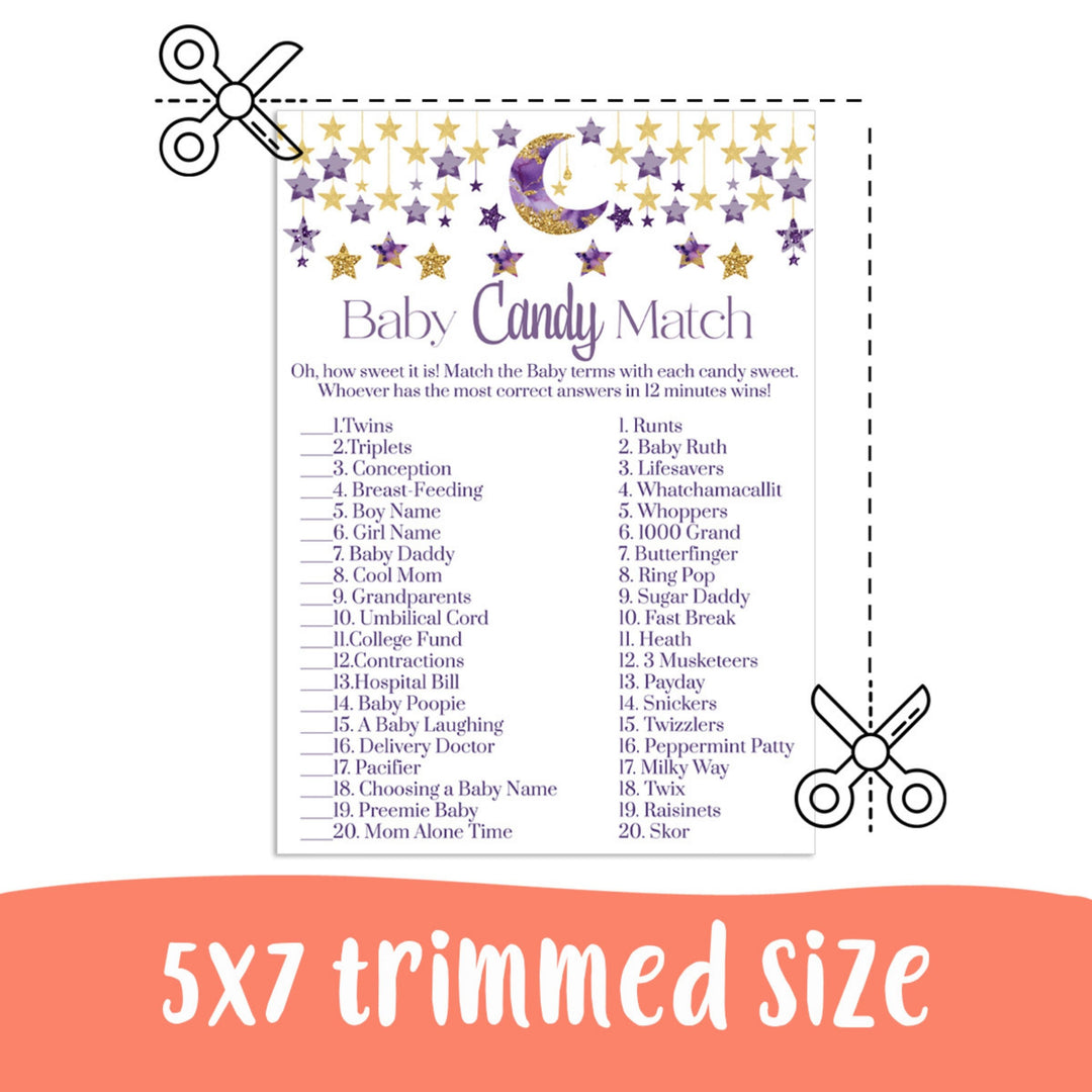 Twinkle Little Star Candy Bar Match Baby Shower Game Printable, Instant Download, Purple and Gold - Paper Clever Party