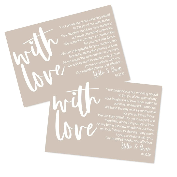 Customizable wedding thank you place setting cards - personalize with newlyweds names & date - choose your pack size