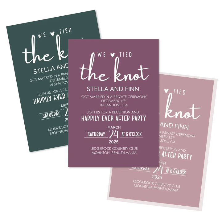 Huntress we tied the knot wedding reception invitations - customizable details premium 120lb cardstock & envelopes
