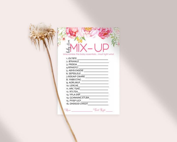 Cottage Floral Baby Shower Games Word Scramble - 25 Pack Girls Unscramble Activity Card Set for Rustic Pink Woodland Event - Printed 4x6 Size Set - Paper Clever Party