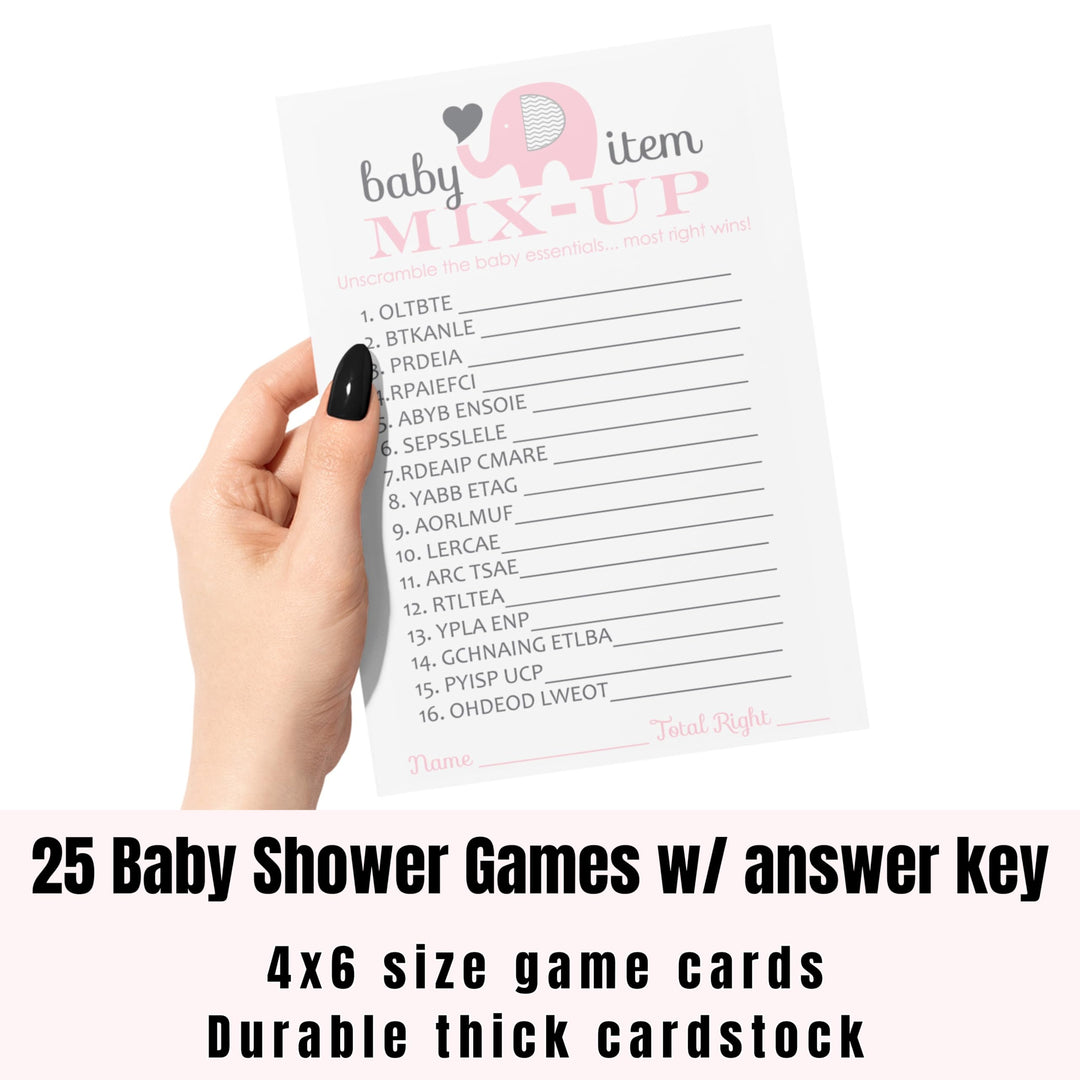 Pink Elephant Baby Shower Word Scramble Game Cards - 25 Pack Unscramble Activity Set for Girls Event - Princess Jungle Animal Theme - Printed 4 x 6 Size Set - Paper Clever Party