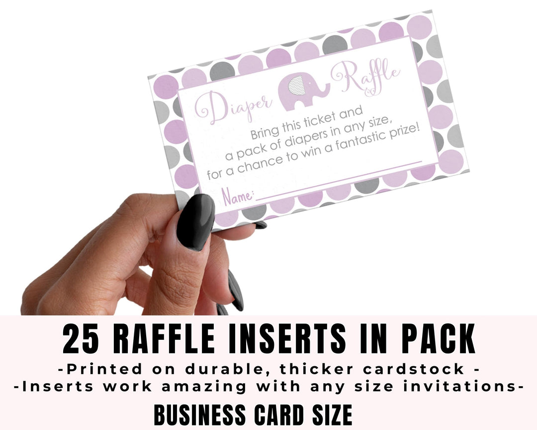 Purple Elephant Diaper Raffle Tickets for Baby Shower Games, Invitation Insert Cards, 2x3.5, 25 Pack - Paper Clever Party