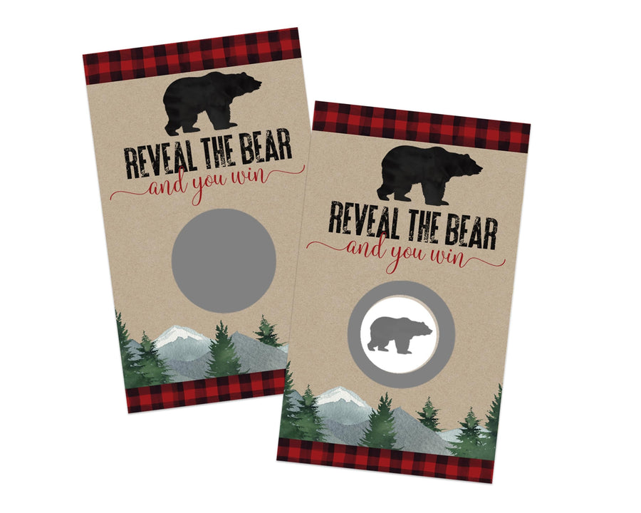 Lumberjack Baby Shower Scratch Off Cards (30-Pack) - Rustic Bear Theme Red and Black Reveal to Win Scratcher Tickets Prize Drawings - Paper Clever Party