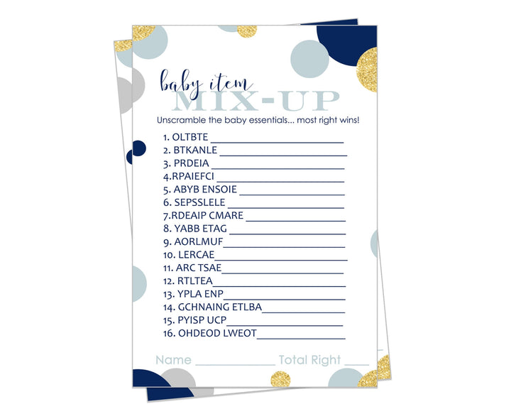 Navy & Gold Baby Shower Word Scramble Game, Twinkle Little Star Royal Prince Theme, Fun Gender Reveal Activity, 25-Pack - Paper Clever Party