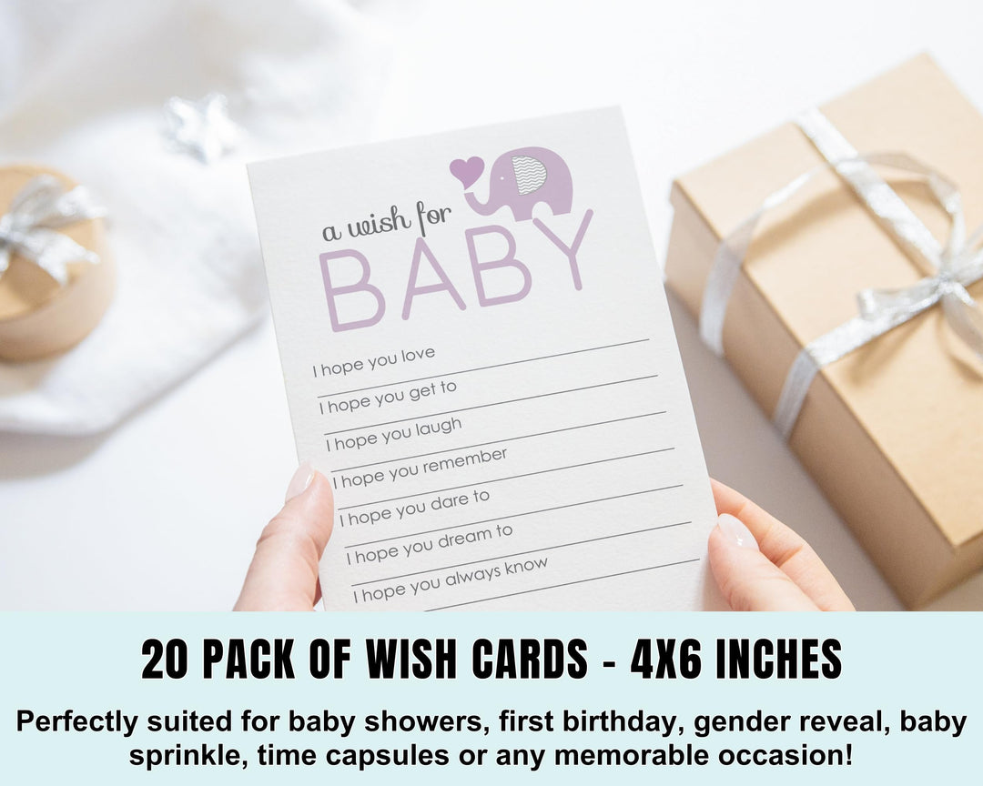 Girl Baby Shower Purple Elephant Advice Cards - 20-Pack Memory Wishes, 4x6 Keepsake Activity Set - Paper Clever Party