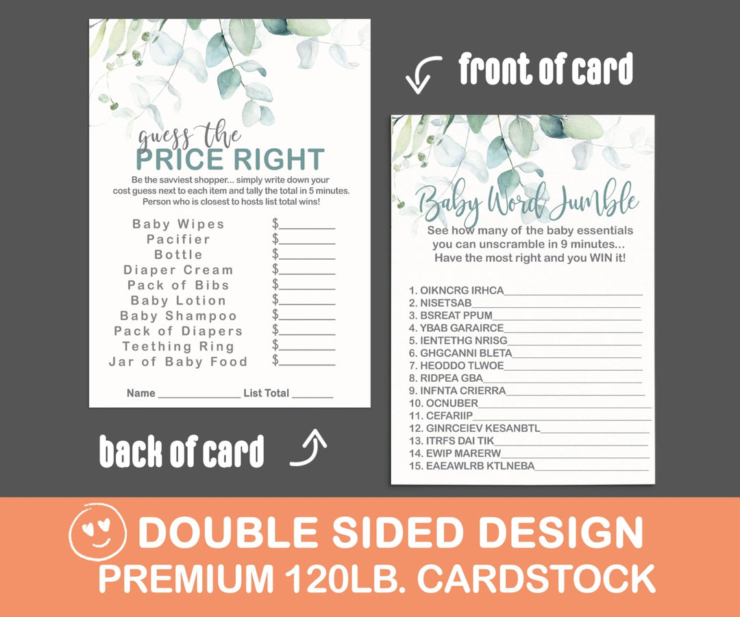 Botanical Bliss - Eucalyptus & Gold Baby Shower Game Set, 5x7 Double-Sided Cards (25 ct) - Paper Clever Party