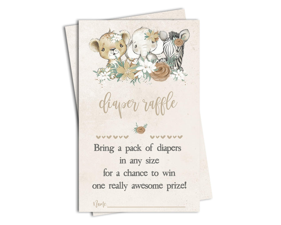 Flora Safari Diaper Raffle Tickets - Baby Shower Game Inserts, 50 Pack - Paper Clever Party