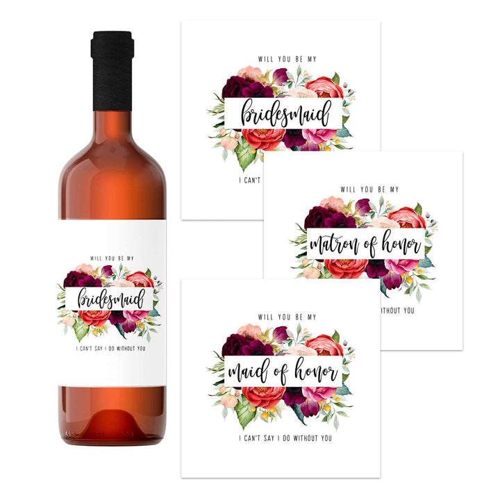 Wildflower Bridesmaid Wine Labels - 12 Pack - Charming Stickers for Wedding Party Invitations - Paper Clever Party