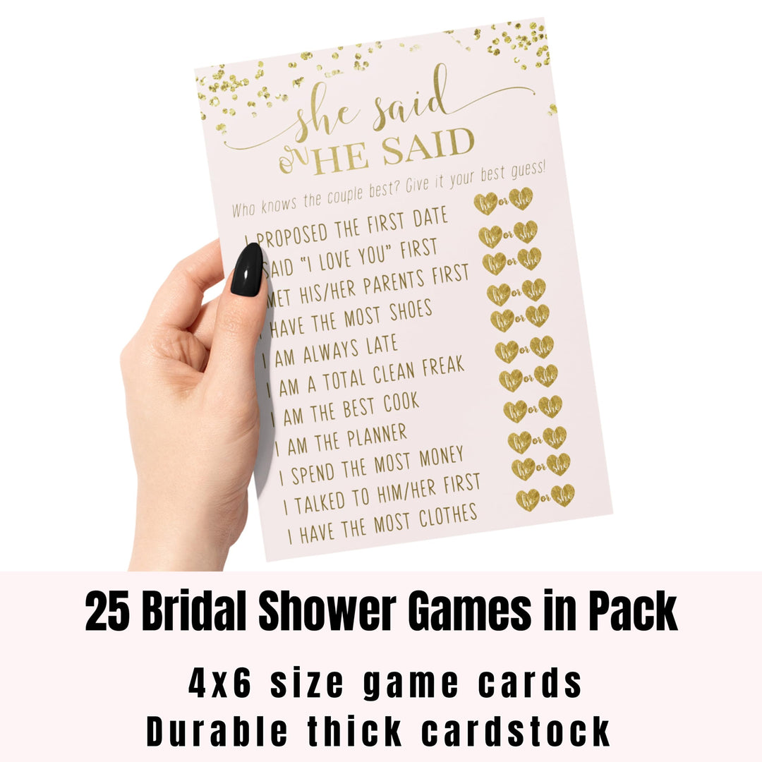 Pink and Gold Bridal Shower Game He or She Said, Elegant 4x6 Cards, 25 Guest Pack - Paper Clever Party