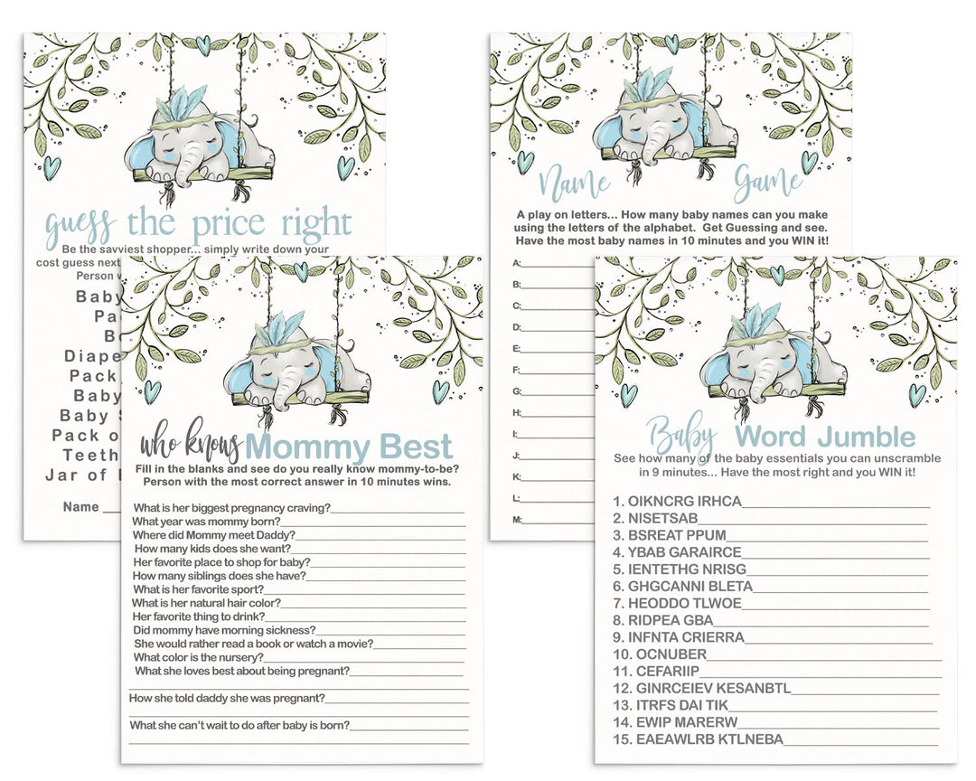 Little Peanut’s Play - Blue Elephant Baby Shower Game Set, Rustic Greenery, 5x7 Cards (25 ct) - Paper Clever Party