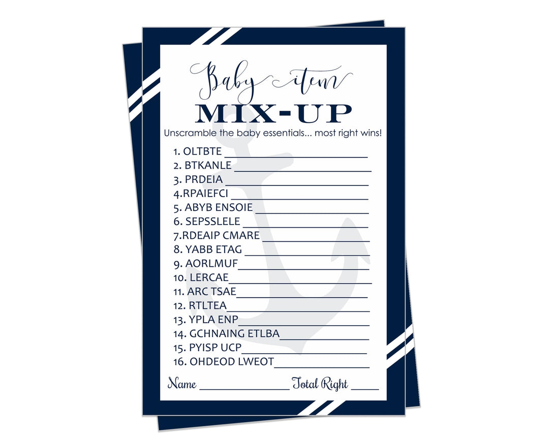 Nautical Baby Shower Word Scramble Game - 25 Pack Unscramble Activity Cards for Ahoy Boys Event - Anchor Supplies Navy Blue Grey - Printed 4x6 Size Set - Paper Clever Party