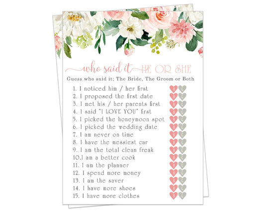 Graceful Floral ‘He or She Said’ Bridal Shower Game