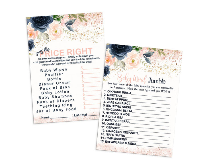 “Pastel Perfection” - Blushing Baby Shower Game Set, Rustic Floral Blue & Pink, 5x7 Cards (25 ct) - Paper Clever Party