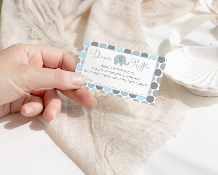 Blue Elephant Diaper Raffle Tickets - Baby Shower Game Inserts by Paper Clever Party, 25 Pack, 2x3.5 - Paper Clever Party