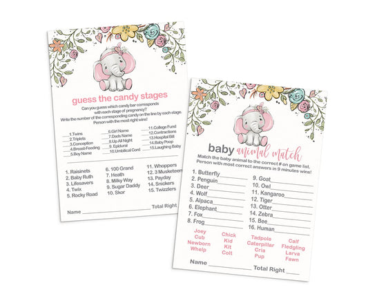Cottage Elephant Girls Baby Shower Animal MatchingPaper Clever Party