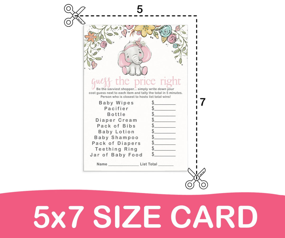 Elephant Elegance - Cottage Elephant Baby Shower Game Set, Pink, 5x7 Cards (25 ct) - Paper Clever Party