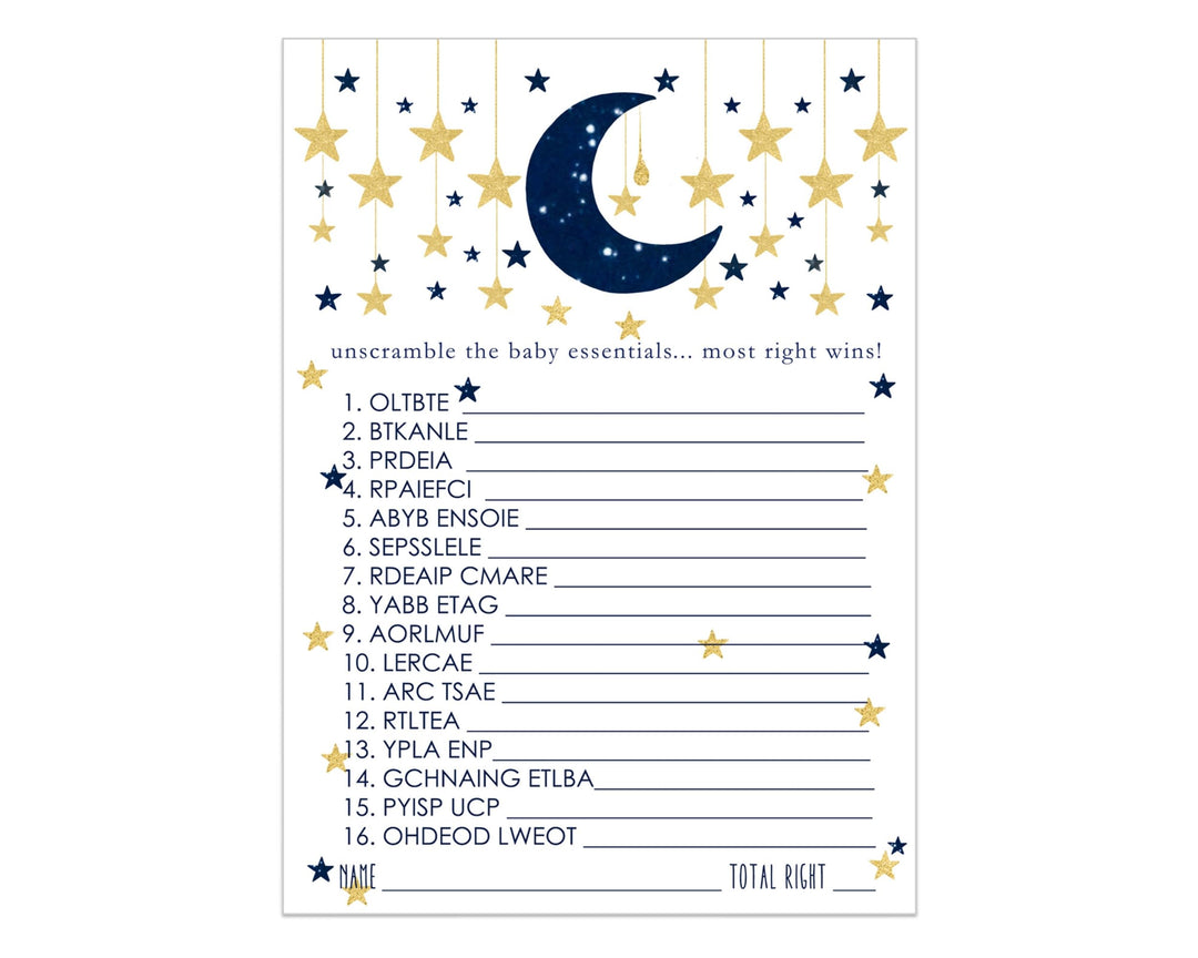 Twinkle Little Star Baby Shower Games Word Scramble - 25 Pack Unscramble Activity Cards for Dreamy Nighttime Event - Paper Clever Party