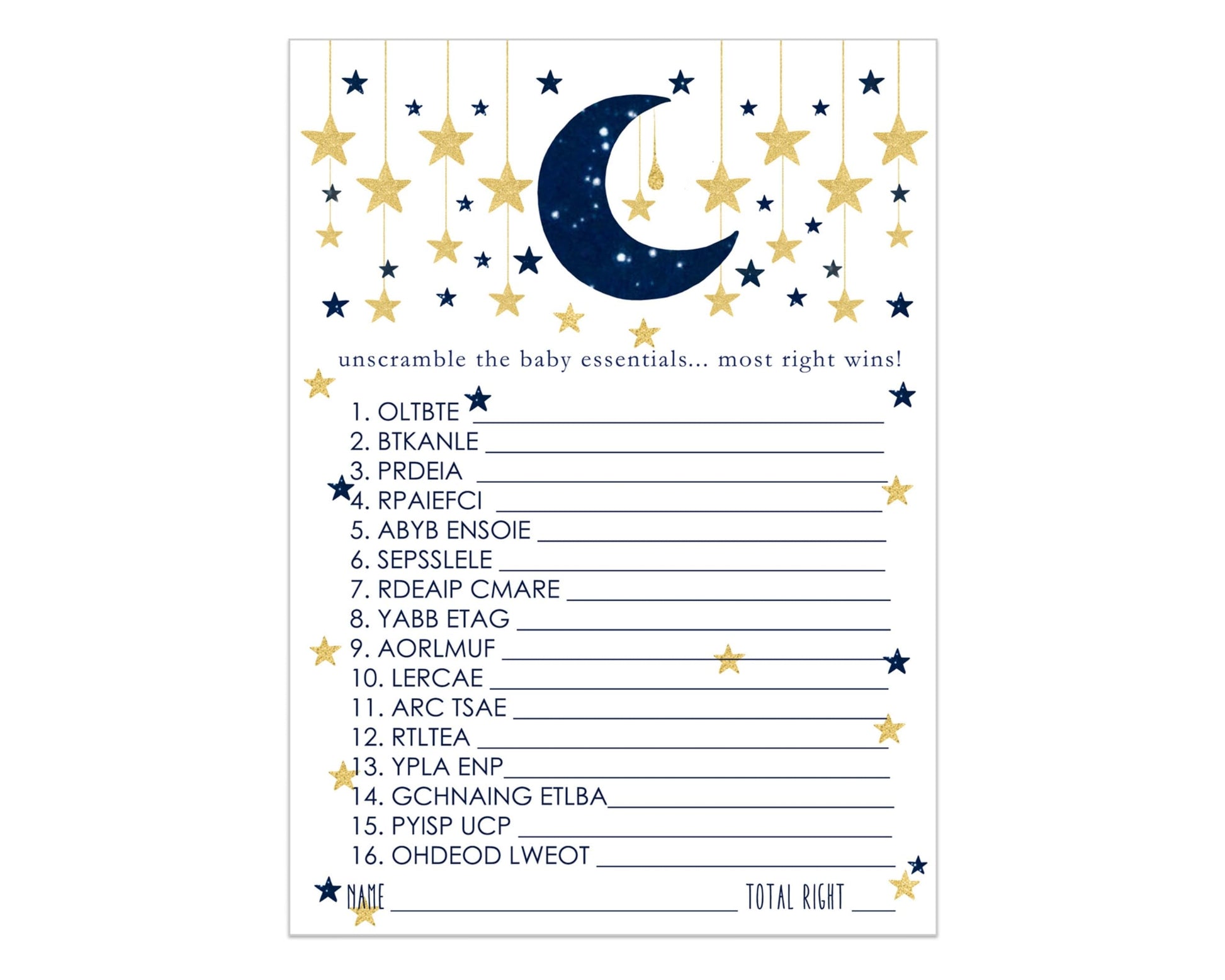 Star Baby Shower Games Word Scramble Cards (25 Pack) Unscramble Activity Cards Gender Reveal - Boys Celestial Moon Design Navy Gold Themed - Printed 5x7 Size SetPaper Clever Party