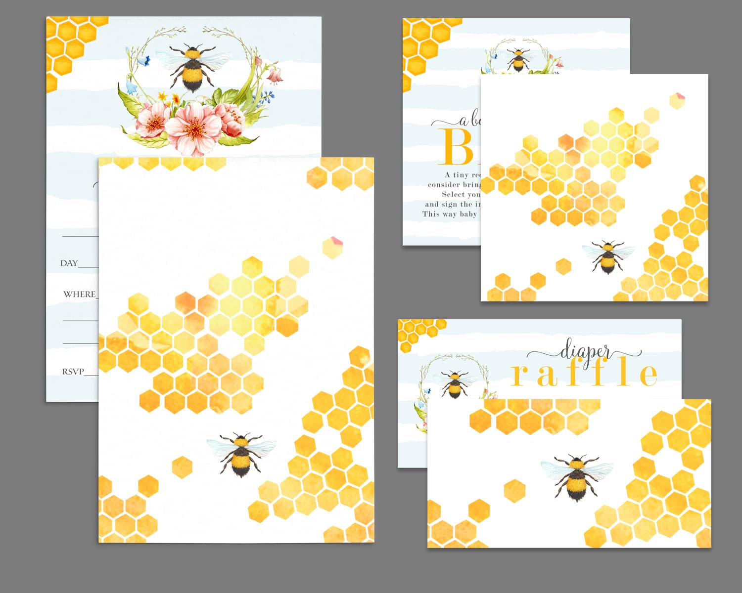 Bumblebee Baby Shower Invitation Bundle (25 Guests) Pack Includes Diaper Raffle Tickets, BringPaper Clever Party