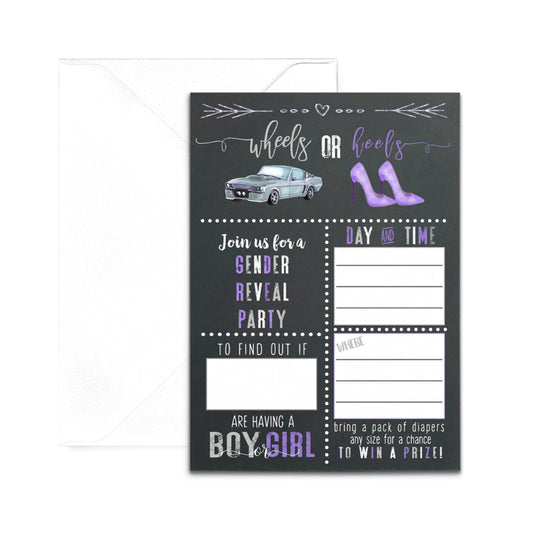 Wheels Gender Reveal Party Invitations (25 Pack) InvitesPaper Clever Party