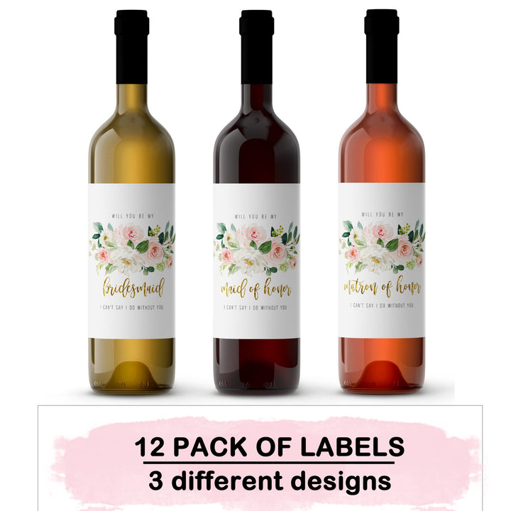 Graceful Floral Bridesmaid Wine Labels by Paper Clever - 12 Pack - Creative Wedding Party Invites - Paper Clever Party