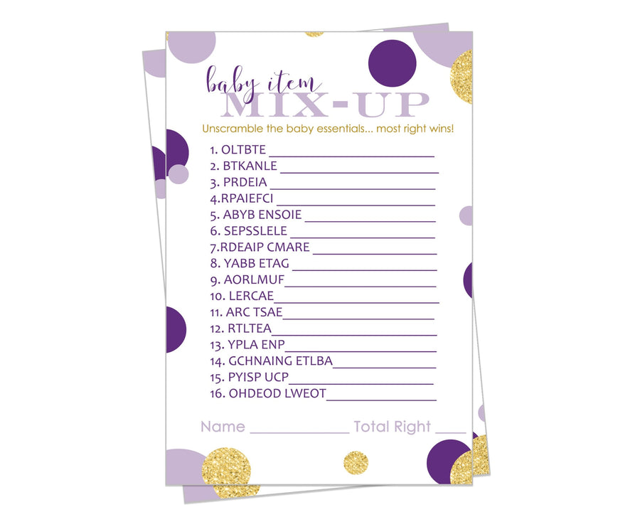 Purple and Gold Baby Shower Word Scramble Game - 25 Pack Unscramble Activity Cards for Royal Gender Reveal - Mermaid Princess Theme - Printed 4x6 Size Set - Paper Clever Party