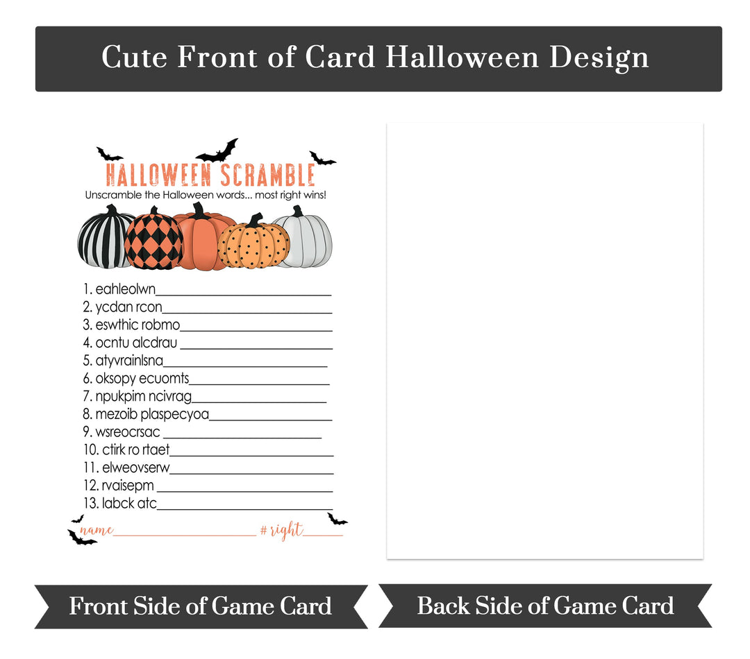 Bewitched Halloween Party Games Word Scramble for Pumpkin Baby Shower, Adults, Kids Birthday, Wedding Fall Festival, Orange and Black, 5x7 Cards, 25 Guests - Paper Clever Party