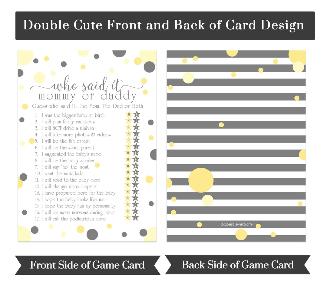 Yellow and Grey Baby Shower Game 25 Guest Pack - Paper Clever Party