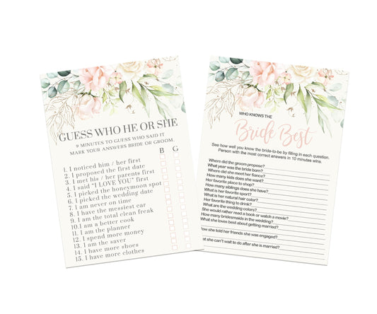 Bride Best and He or She Said Blush Blooms Bridal Shower Game - Pink Double-Sided 5x7 Cards for 25 Guests