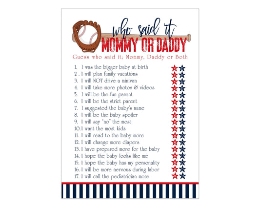 Daddy Baby Shower Guessing Game Cards - Gender Reveal Party Activity - Sports Themed Fun - RedPaper Clever Party