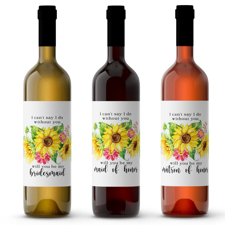 Sunflower Themed Bridesmaid Wine Labels - Pack of 12 - Vibrant Maid of Honor Proposals - Paper Clever Party