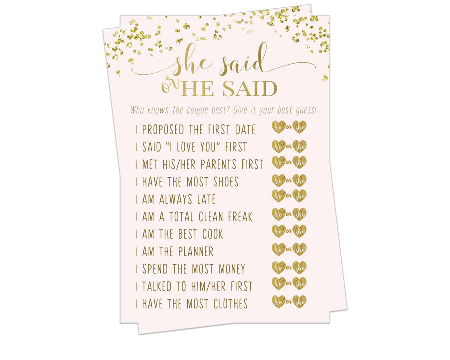 Pink and Gold Bridal Shower Game He or She Said, Elegant 4x6 Cards, 25 Guest Pack - Paper Clever Party