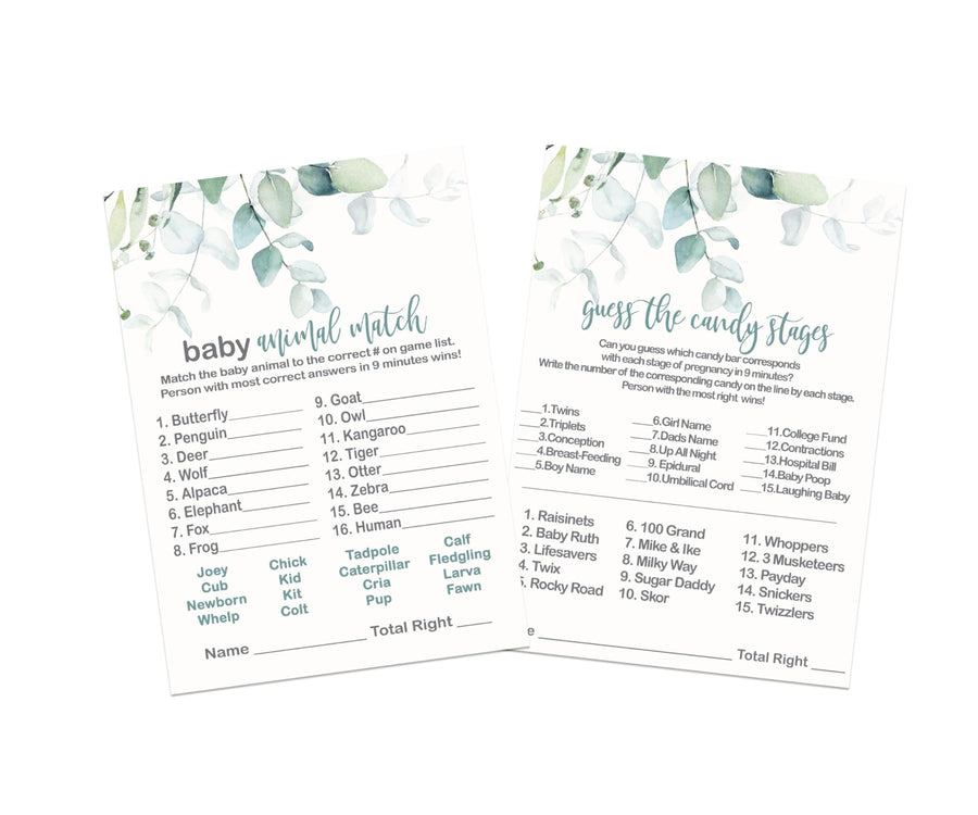 “Nature’s Nurture” - Rustic Eucalyptus Baby Shower Game Bundle, 5x7 Cards (25 ct) - Paper Clever Party