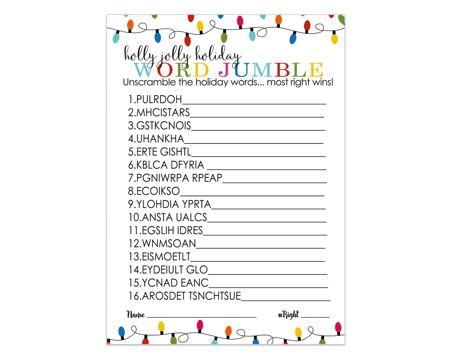 Festive Lights Christmas Word Scramble Games for Adults, Large Groups, Holiday Party, 25 Pack, Colorful Xmas Favors 5x7 Cards - Paper Clever Party