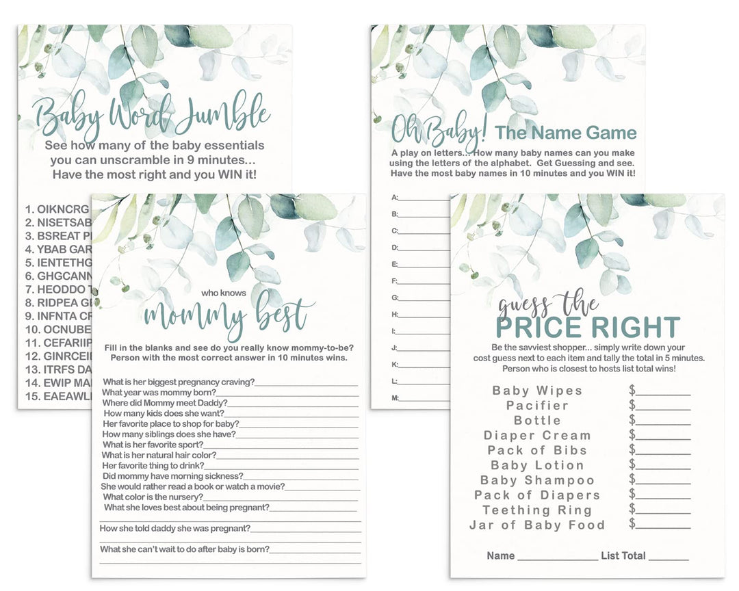 Botanical Bliss - Eucalyptus & Gold Baby Shower Game Set, 5x7 Double-Sided Cards (25 ct) - Paper Clever Party