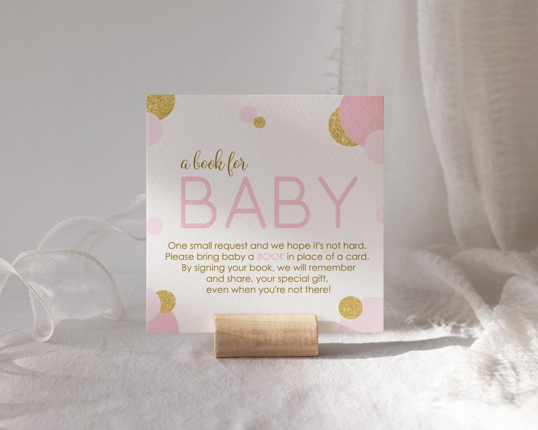 Pink and Gold Books for Baby Shower Request Cards - Paper Clever Party