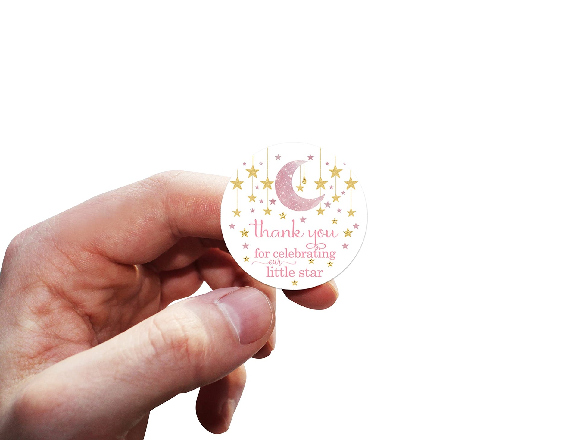 Twinkle Little Star Stickers Girls Baby Shower Party Favors Pink and Gold, Thanks for Celebrating Labels, 50 Pack, 2x2 Round - Paper Clever Party