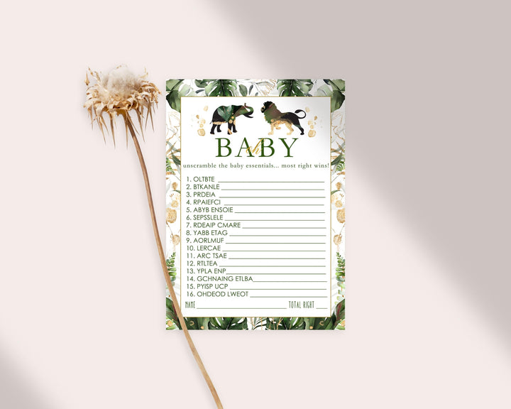 Tropical Jungle Baby Shower Word Scramble Game - Paper Clever Party