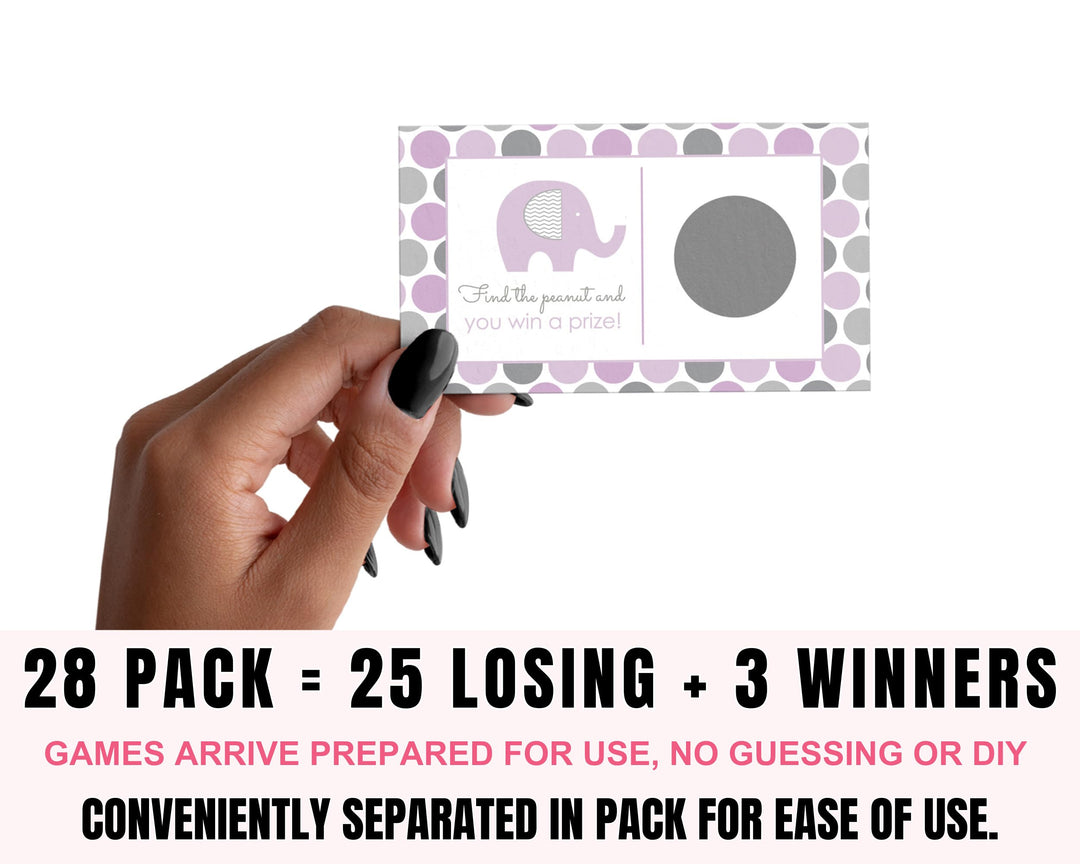 Purple Elephant Scratch Off Game Cards (28 Pack) - Baby Shower & Gender Reveal Essentials - Paper Clever Party