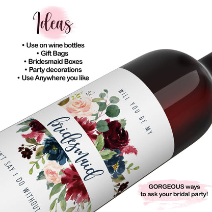 Indigo Floral Bridesmaid Wine Labels MaidPaper Clever Party