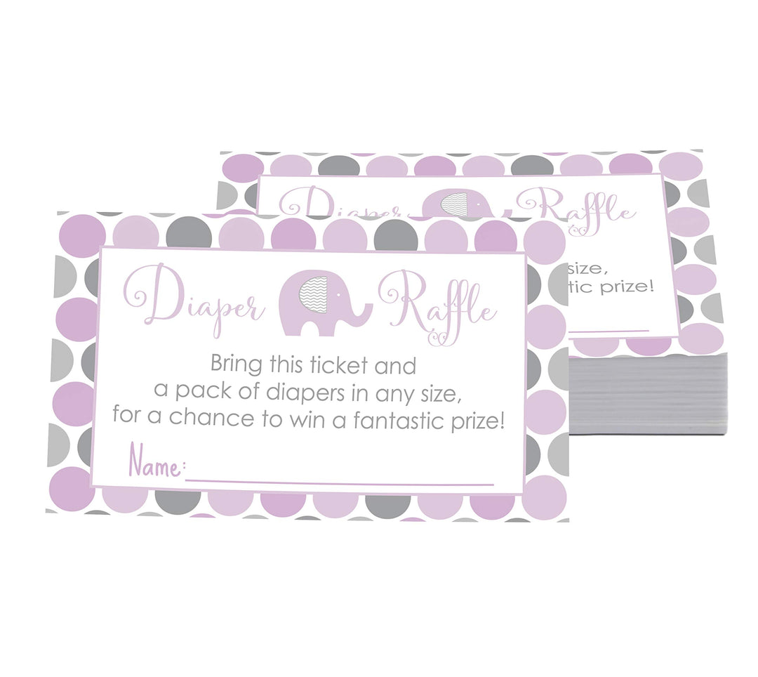 Purple Elephant Diaper Raffle Tickets for Baby Shower Games, Invitation Insert Cards, 2x3.5, 25 Pack - Paper Clever Party