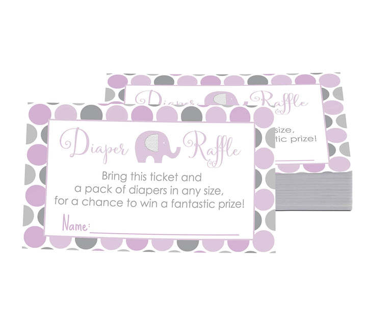 Purple Elephant Diaper Raffle Tickets for Baby Shower Games, Invitation Insert Cards, 2x3.5, 25 Pack - Paper Clever Party