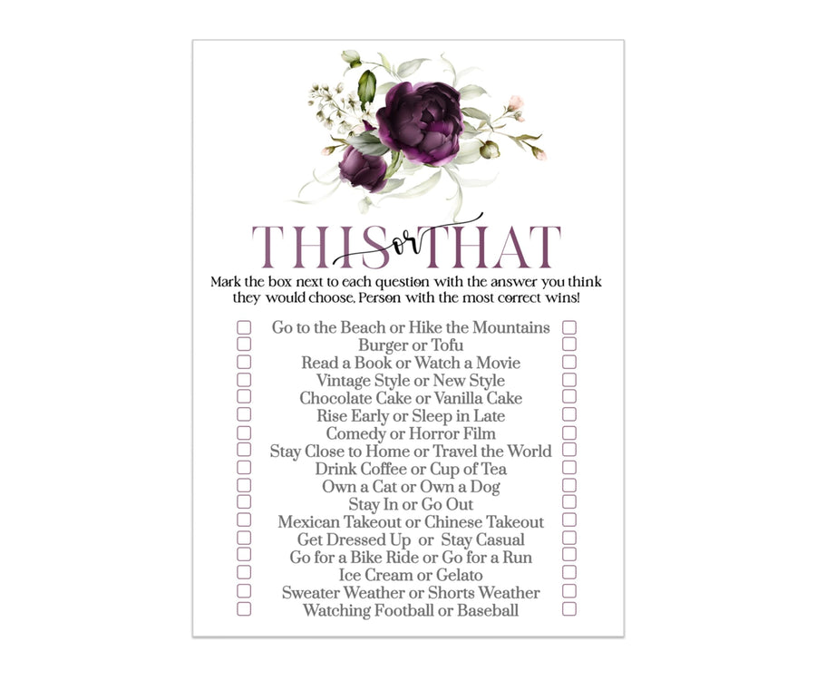 Modern Floral Would She Rather Bridal Shower Game - Purple Passion for the Bride or Birthday Girl, 25 Guests - Paper Clever Party