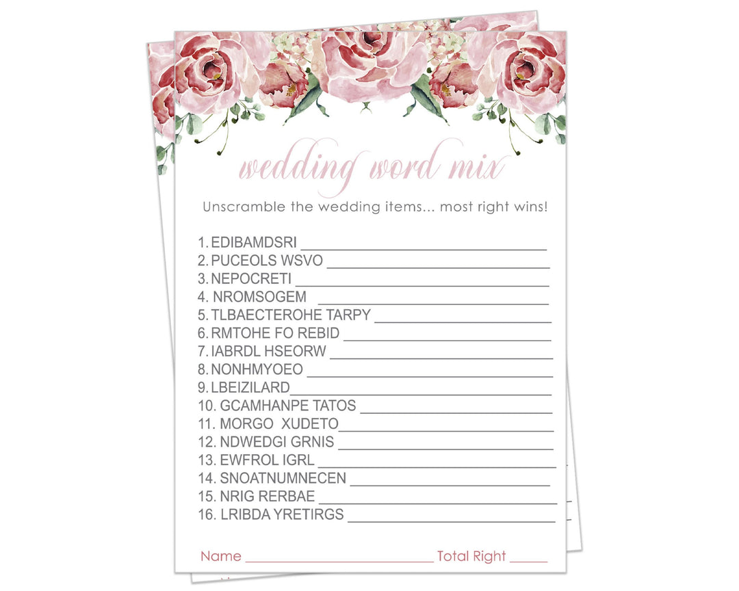 Boho Pink Word Scramble Charming Floral Bridal Shower Game - 5x7 Cards for 25 Guests - Paper Clever Party