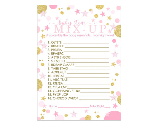 Princess Baby Shower Games Word Scramble Cards (25 Pack) Unscramble Activity - Girls Baby Shower PinkPaper Clever Party