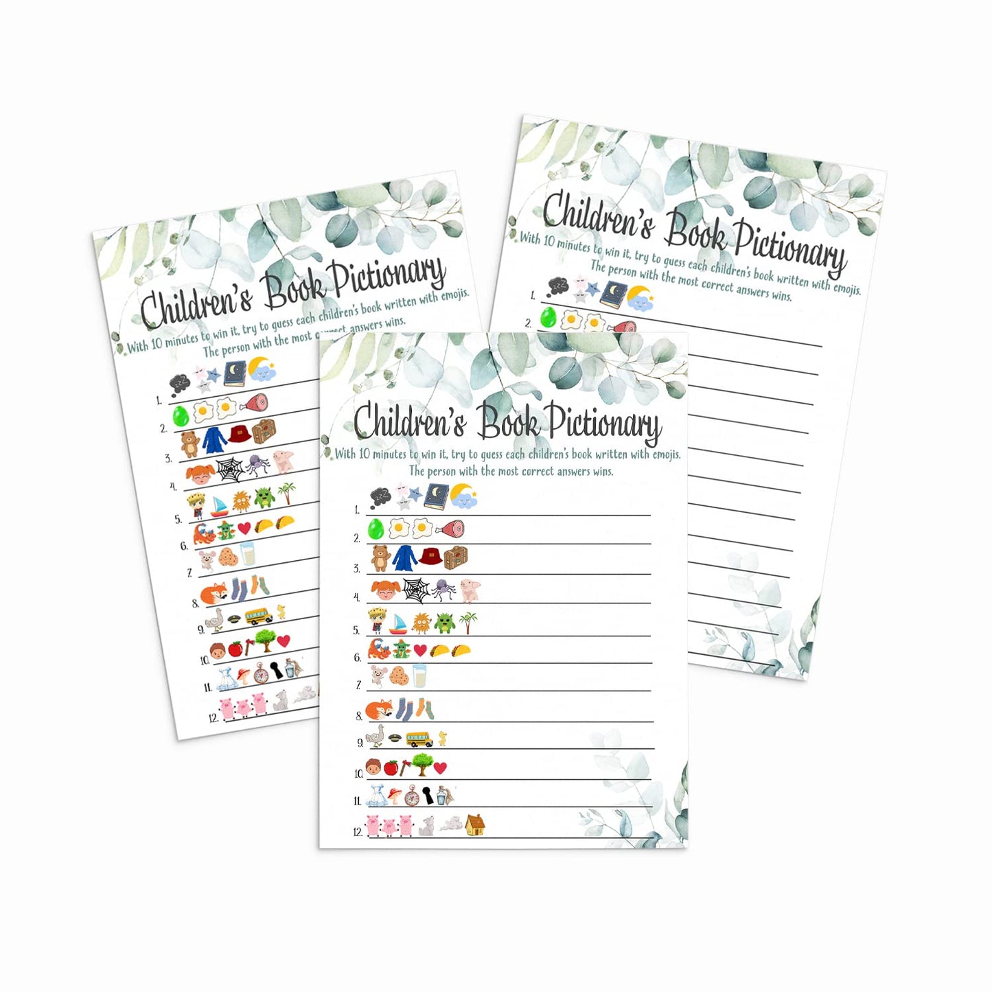 Paper Clever Party Greenery Baby Shower Emoji Pictionary Game - Rustic Floral Eucalyptus DesignPaper Clever Party