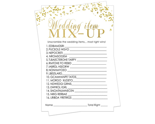 Gold Bridal Shower Word Scramble Game Unscramble Wedding Phrases, Modern Confetti, 4x6 Cards, 25 Guest PackPaper Clever Party