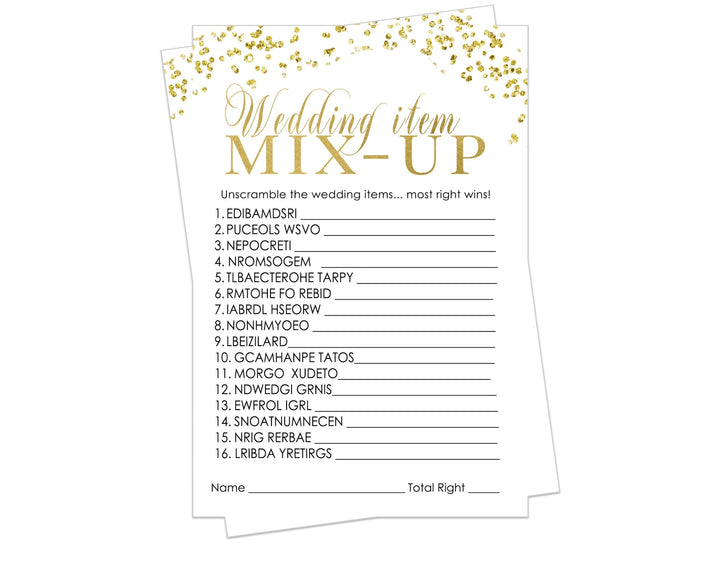 Black and Gold Bridal Shower Word Scramble Game Unscramble Wedding Phrases, Modern Confetti, 4x6 Cards, 25 Guest Pack - Paper Clever Party