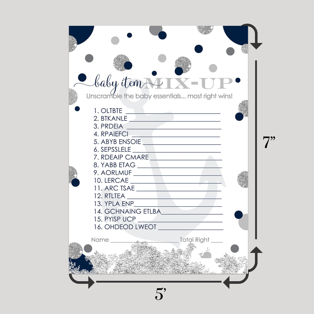 Ahoy Baby Shower Word Scramble Game Cards - 25 Pack Unscramble Activity for Whale Sprinkle - Anchor Themed Navy Blue Grey - Paper Clever Party